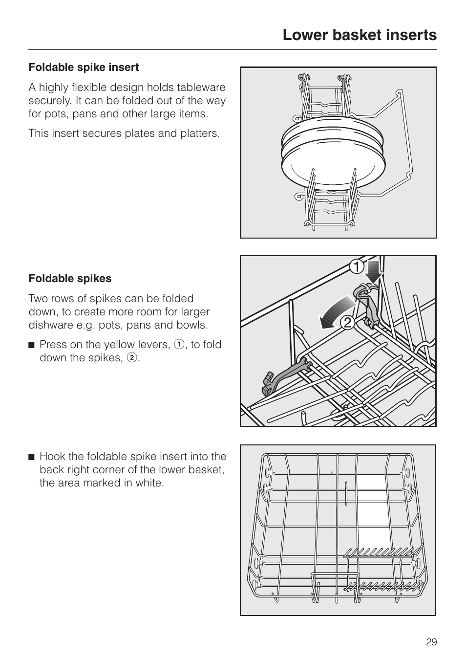 Foldable spike insert 29, Lower basket inserts | Miele G 851 SC Plus User Manual | Page 29 / 52