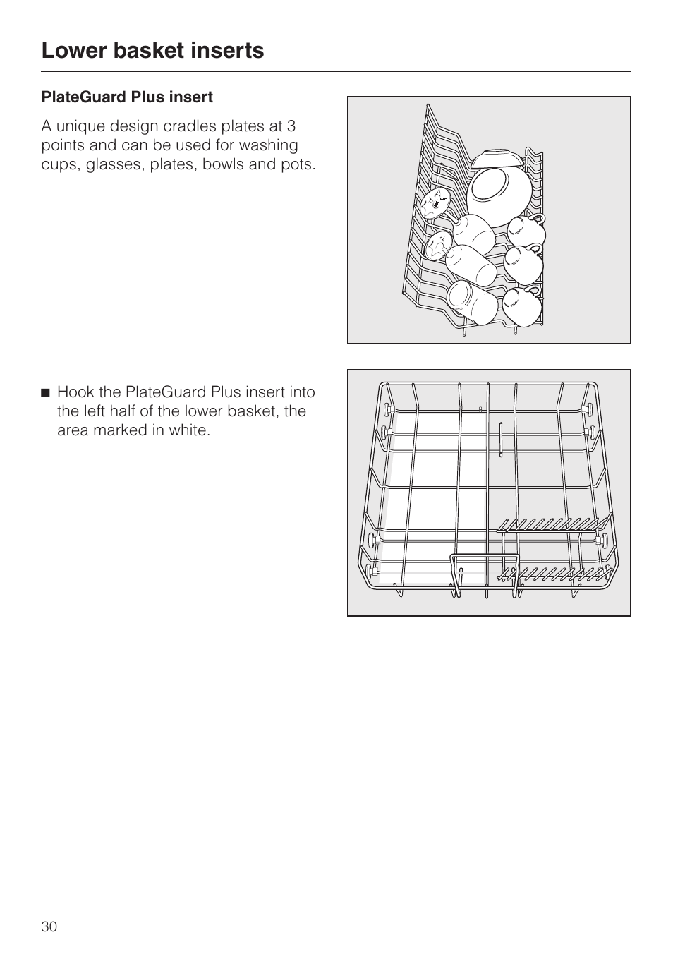 Plateguard plus insert 30, Lower basket inserts | Miele G 851 SC Plus User Manual | Page 30 / 52