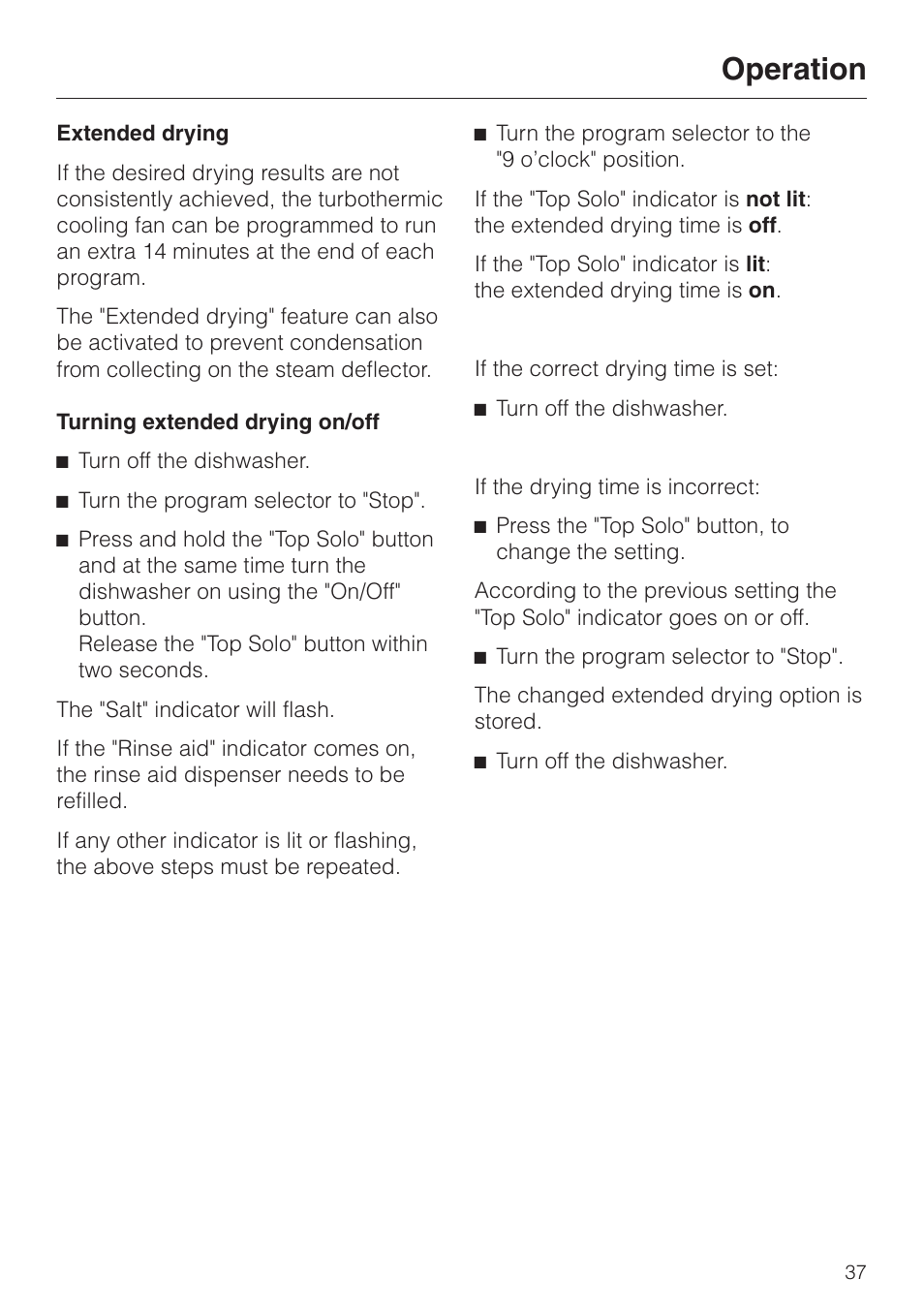 Extended drying 37, Operation | Miele G 851 SC Plus User Manual | Page 37 / 52