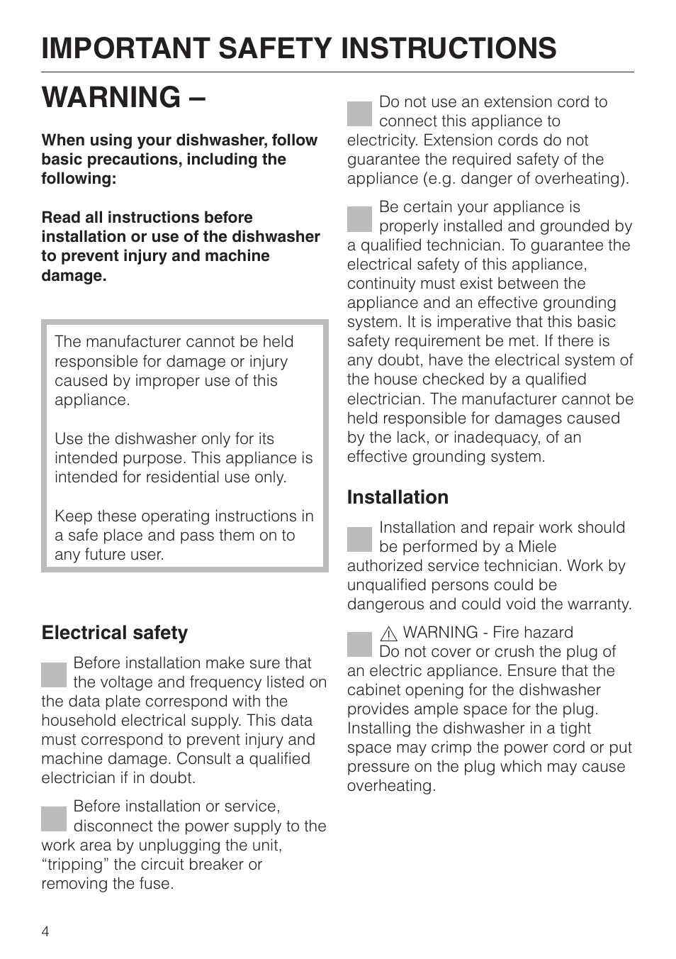 Important safety instructions 4, Warning, Important safety instructions | Miele G 851 SC Plus User Manual | Page 4 / 52