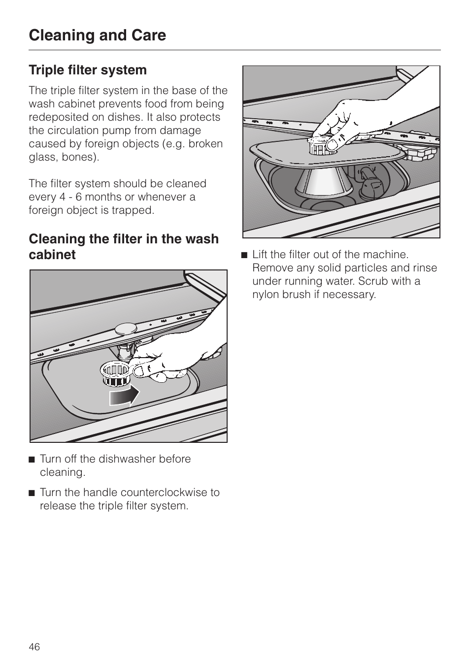 Cleaning and care 46, Cleaning the filter in the wash cabinet 46, Cleaning and care | Triple filter system, Cleaning the filter in the wash cabinet | Miele G 851 SC Plus User Manual | Page 46 / 52