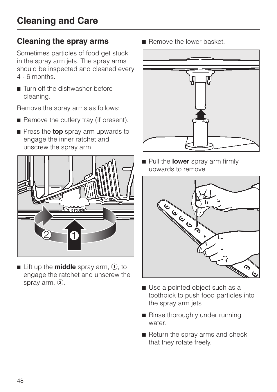 Cleaning the spray arms 48, Cleaning and care, Cleaning the spray arms | Miele G 851 SC Plus User Manual | Page 48 / 52