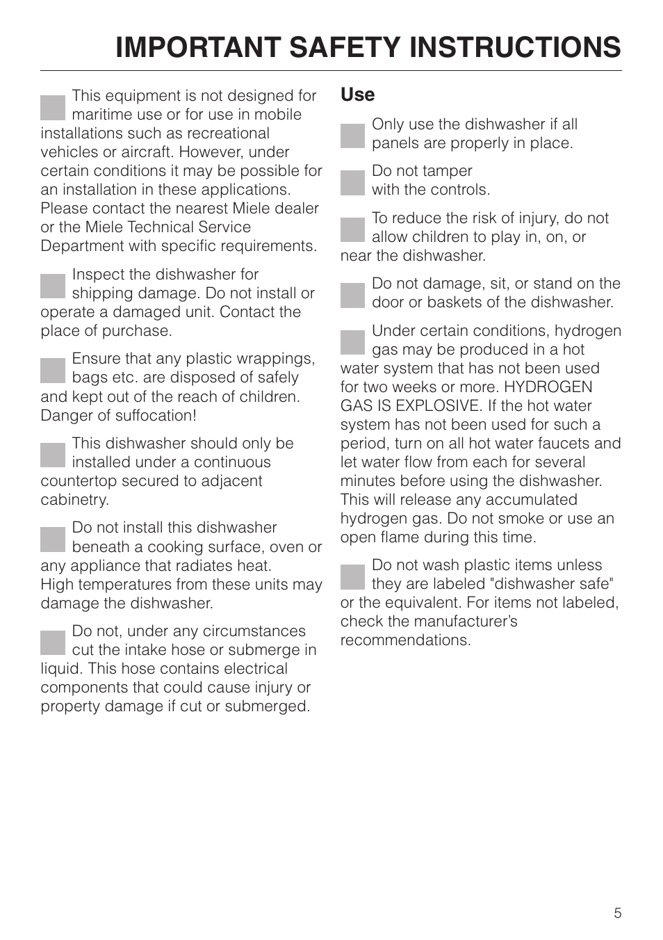 Important safety instructions | Miele G 851 SC Plus User Manual | Page 5 / 52