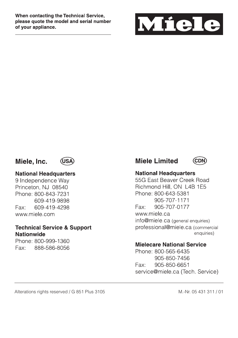 Miele G 851 SC Plus User Manual | Page 52 / 52