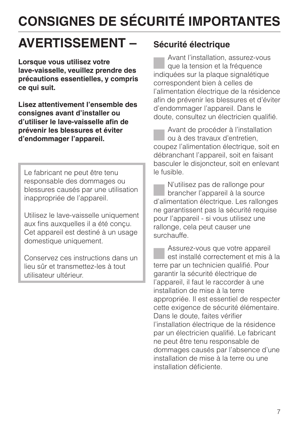 Consignes de sécurité importantes 7, Avertissement, Consignes de sécurité importantes | Miele G 851 SC Plus User Manual | Page 7 / 52