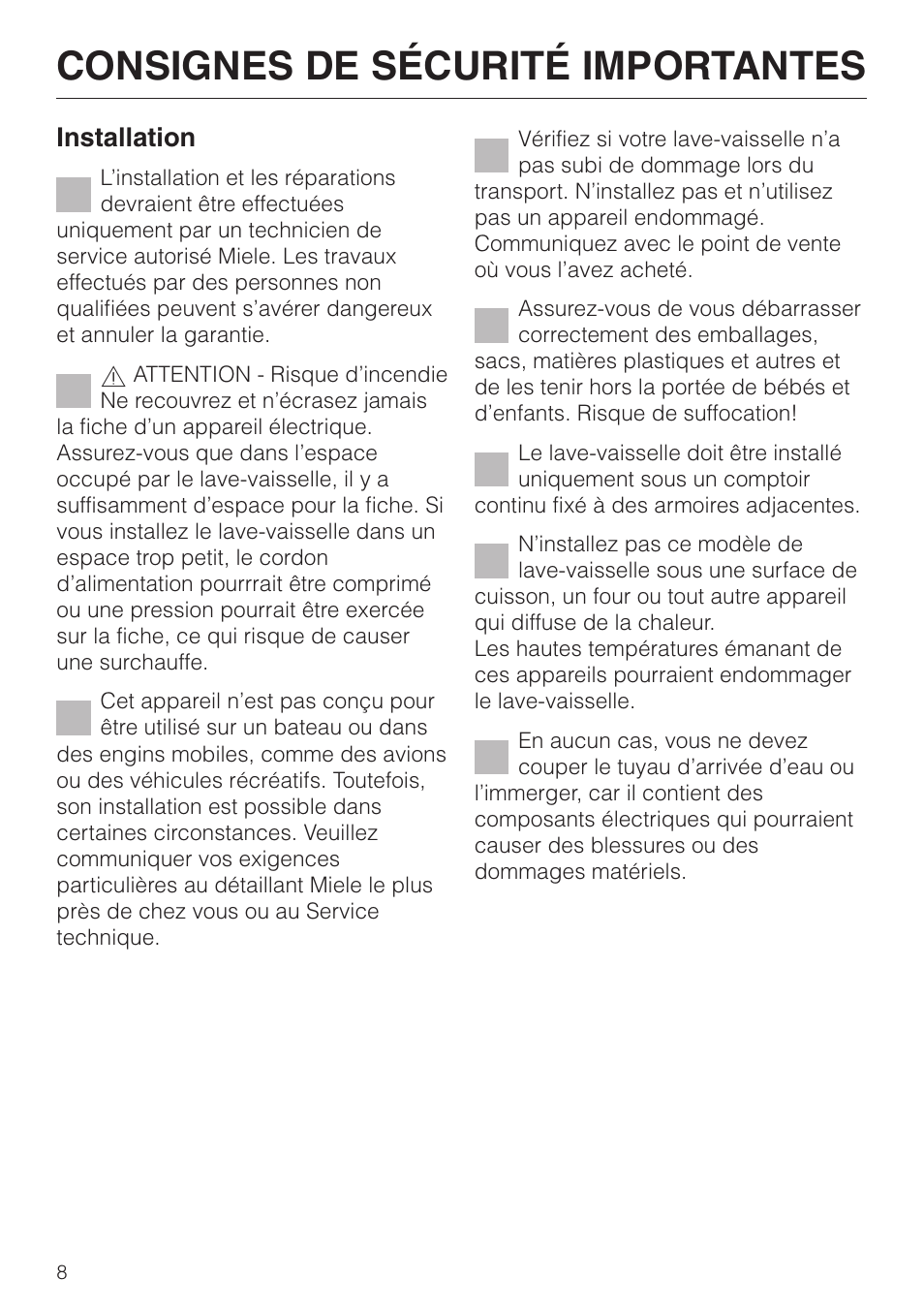Consignes de sécurité importantes, Installation | Miele G 851 SC Plus User Manual | Page 8 / 52