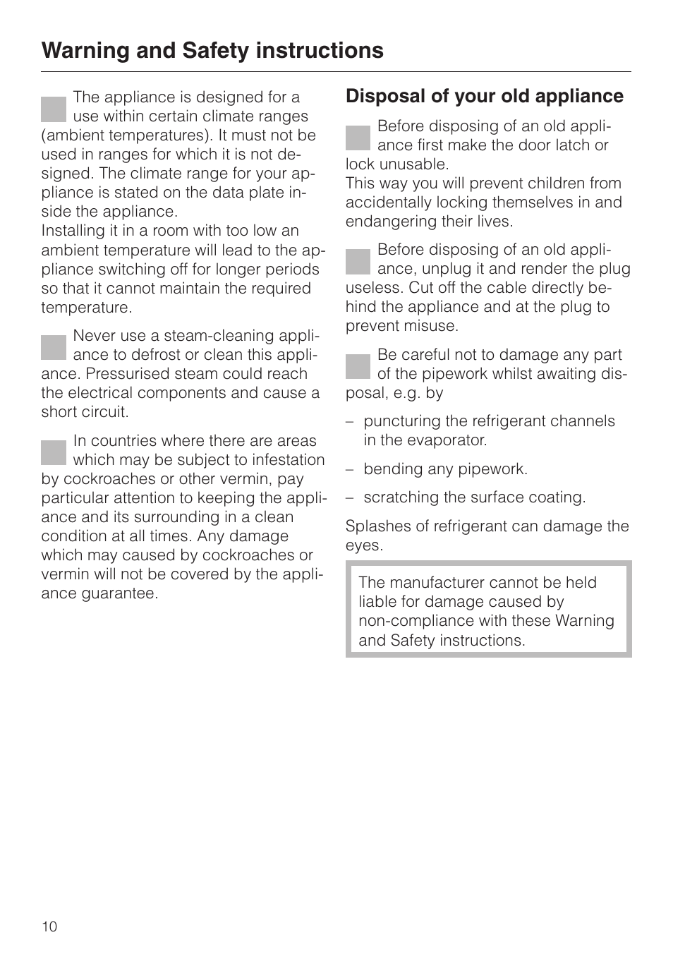 Warning and safety instructions, Disposal of your old appliance | Miele KF 7544 User Manual | Page 10 / 44