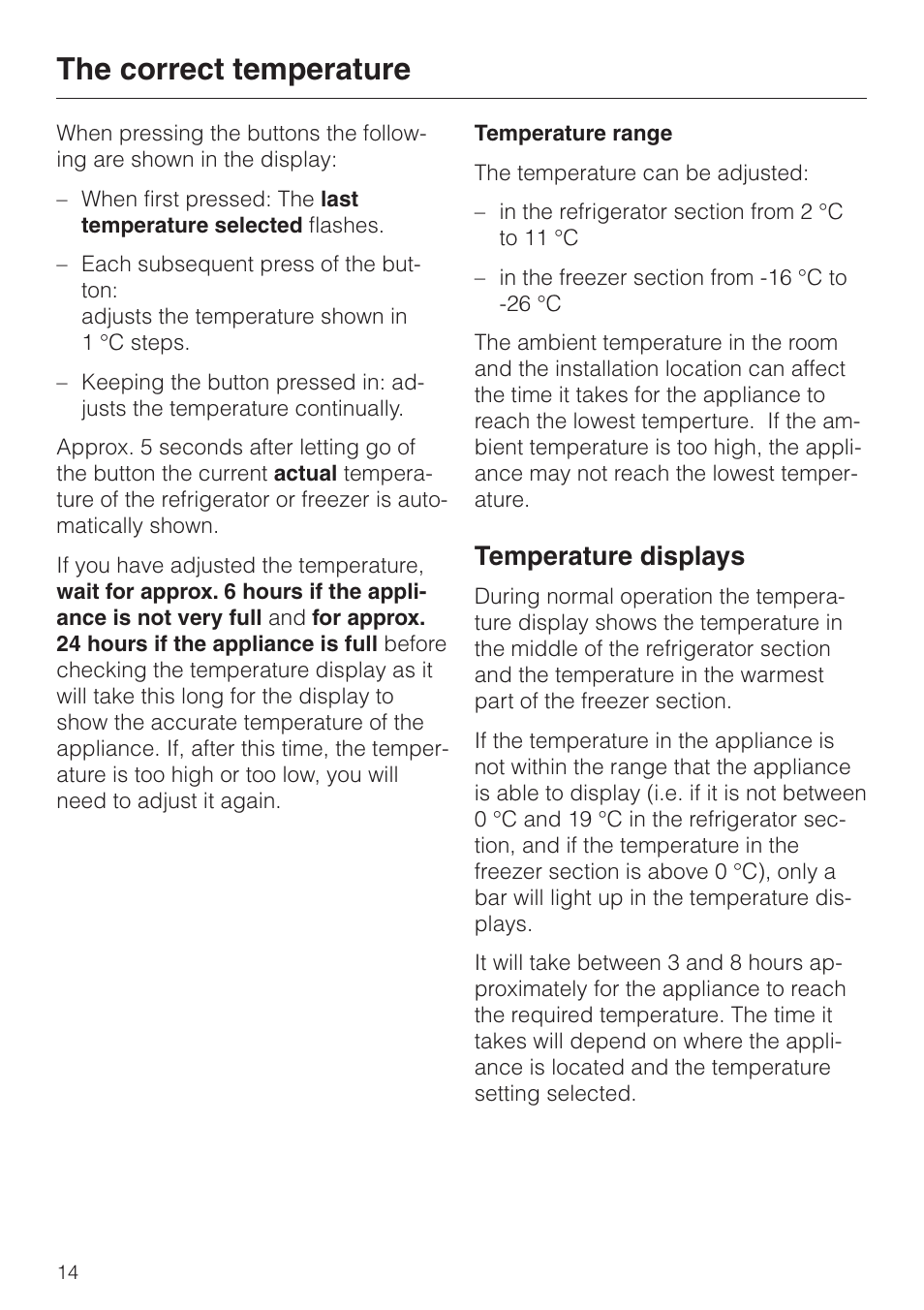 Temperature range 14, Temperature displays 14, Temperature range | Temperature displays, The correct temperature | Miele KF 7544 User Manual | Page 14 / 44