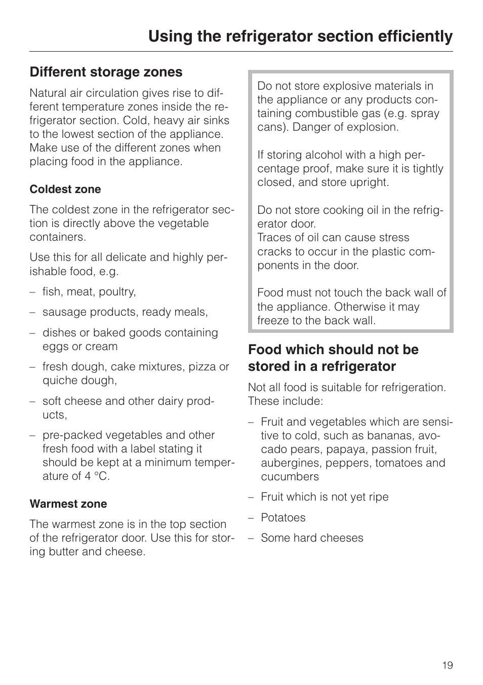 Using the refrigerator section efficiently 19, Different storage zones 19, Coldest zone 19 | Warmest zone 19, Using the refrigerator section efficiently, Different storage zones, Coldest zone warmest zone, Food which should not be stored in a refrigerator | Miele KF 7544 User Manual | Page 19 / 44