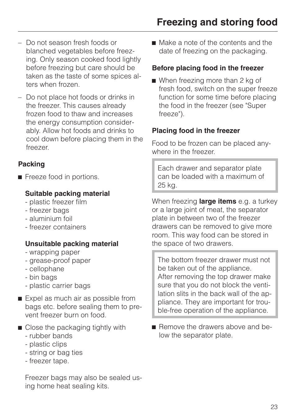 Packing 23, Before placing food in the freezer 23, Placing food in the freezer 23 | Freezing and storing food | Miele KF 7544 User Manual | Page 23 / 44