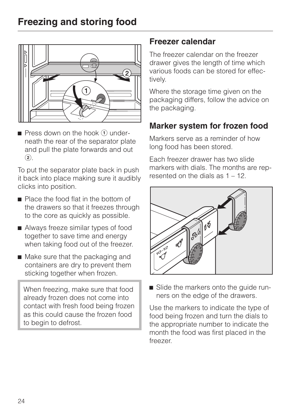 Freezer calendar 24, Marker system for frozen food 24, Freezer calendar marker system for frozen food | Freezing and storing food, Freezer calendar, Marker system for frozen food | Miele KF 7544 User Manual | Page 24 / 44