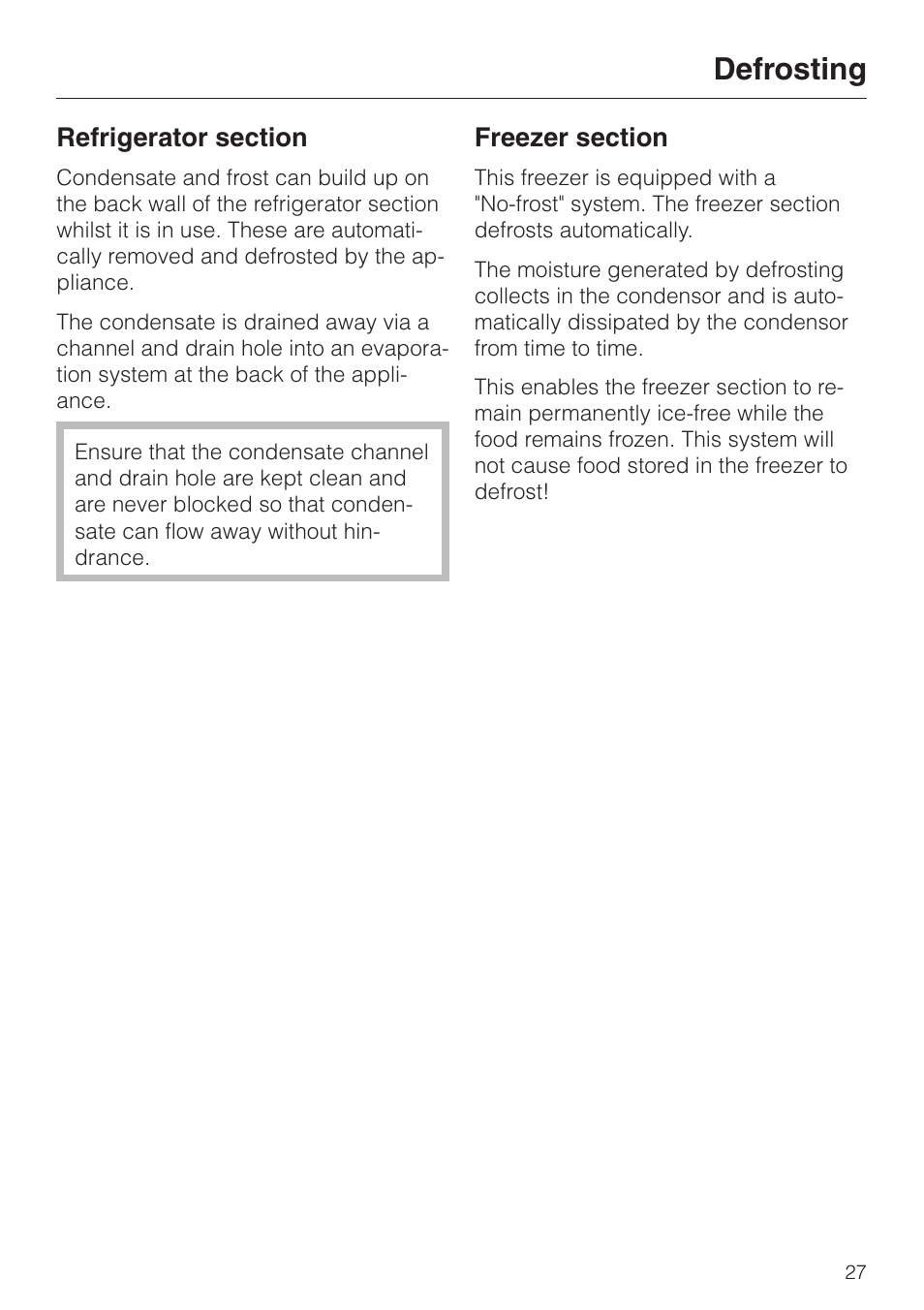 Defrosting 27, Refrigerator section 27, Freezer section 27 | Defrosting, Refrigerator section freezer section | Miele KF 7544 User Manual | Page 27 / 44