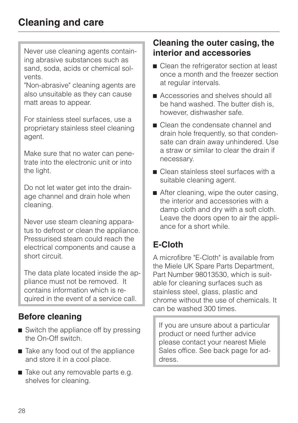 Cleaning and care 28, E-cloth 28, Cleaning and care | Before cleaning, E-cloth | Miele KF 7544 User Manual | Page 28 / 44