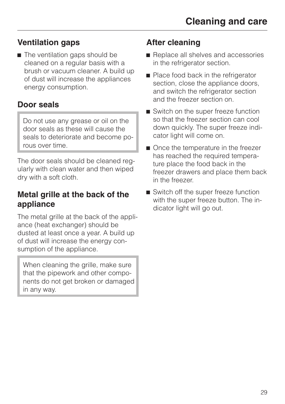 Ventilation gaps 29, Door seals 29, Metal grille at the back of the appliance 29 | Cleaning and care, Ventilation gaps, Door seals, Metal grille at the back of the appliance, After cleaning | Miele KF 7544 User Manual | Page 29 / 44