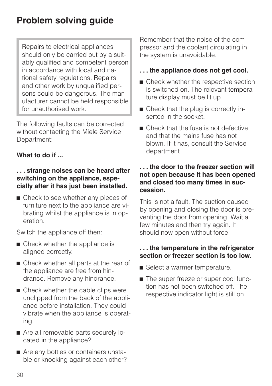 Problem solving guide 30, Problem solving guide | Miele KF 7544 User Manual | Page 30 / 44