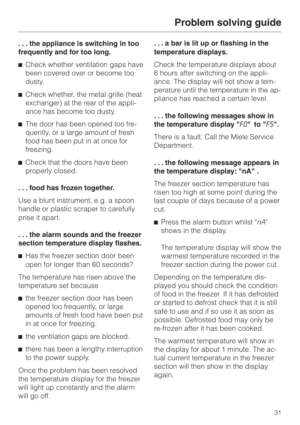 Problem solving guide | Miele KF 7544 User Manual | Page 31 / 44