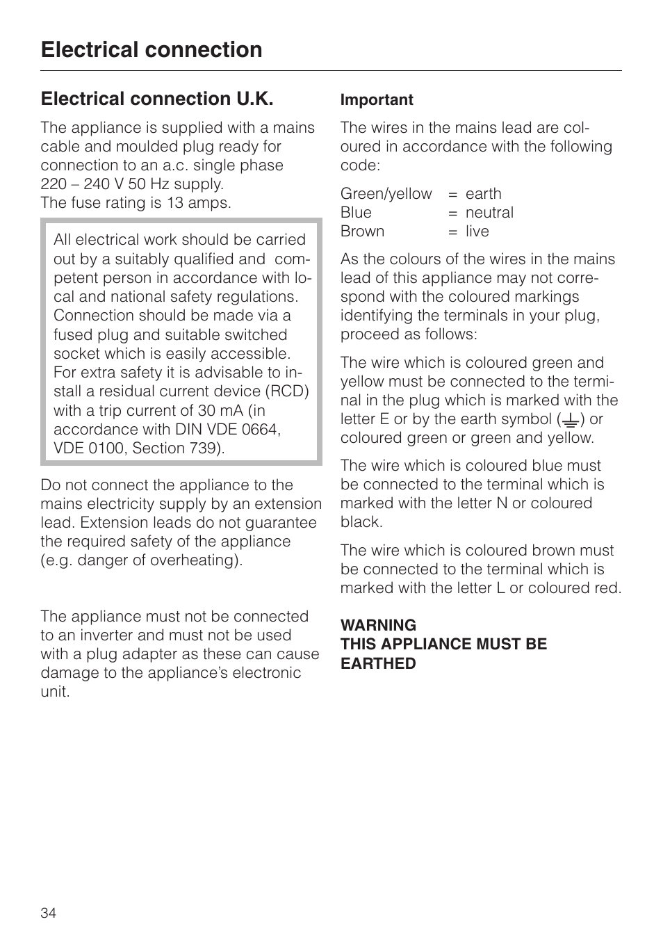 Electrical connection 34, Electrical connection u.k. 34, Electrical connection | Electrical connection u.k | Miele KF 7544 User Manual | Page 34 / 44