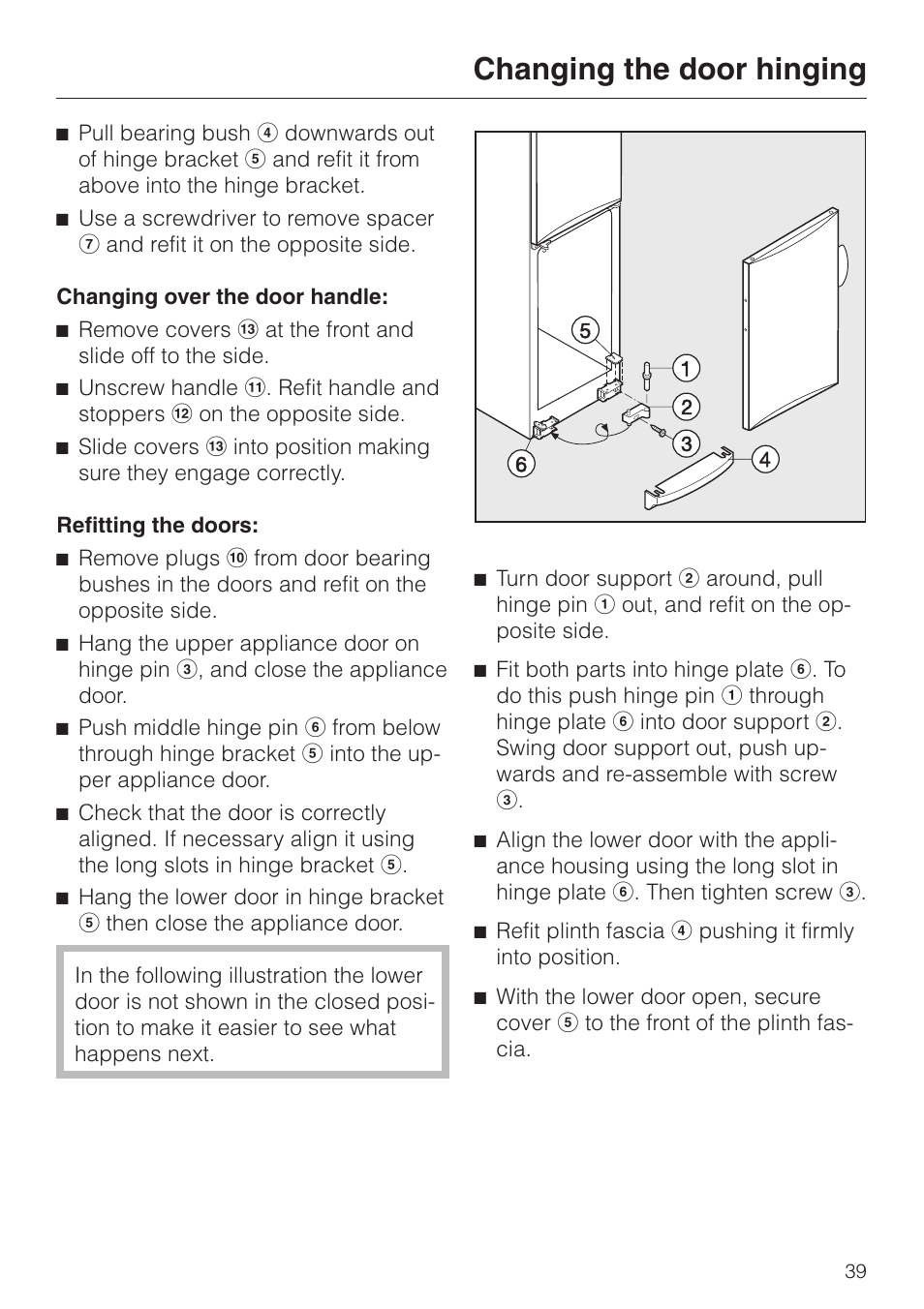 Changing the door hinging | Miele KF 7544 User Manual | Page 39 / 44