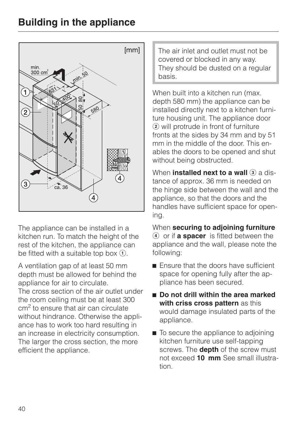 Building in the appliance 40, Building in the appliance | Miele KF 7544 User Manual | Page 40 / 44