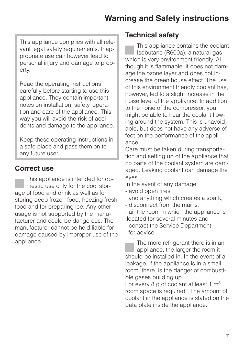 Warning and safety instructions 7, Warning and safety instructions, Correct use | Technical safety | Miele KF 7544 User Manual | Page 7 / 44