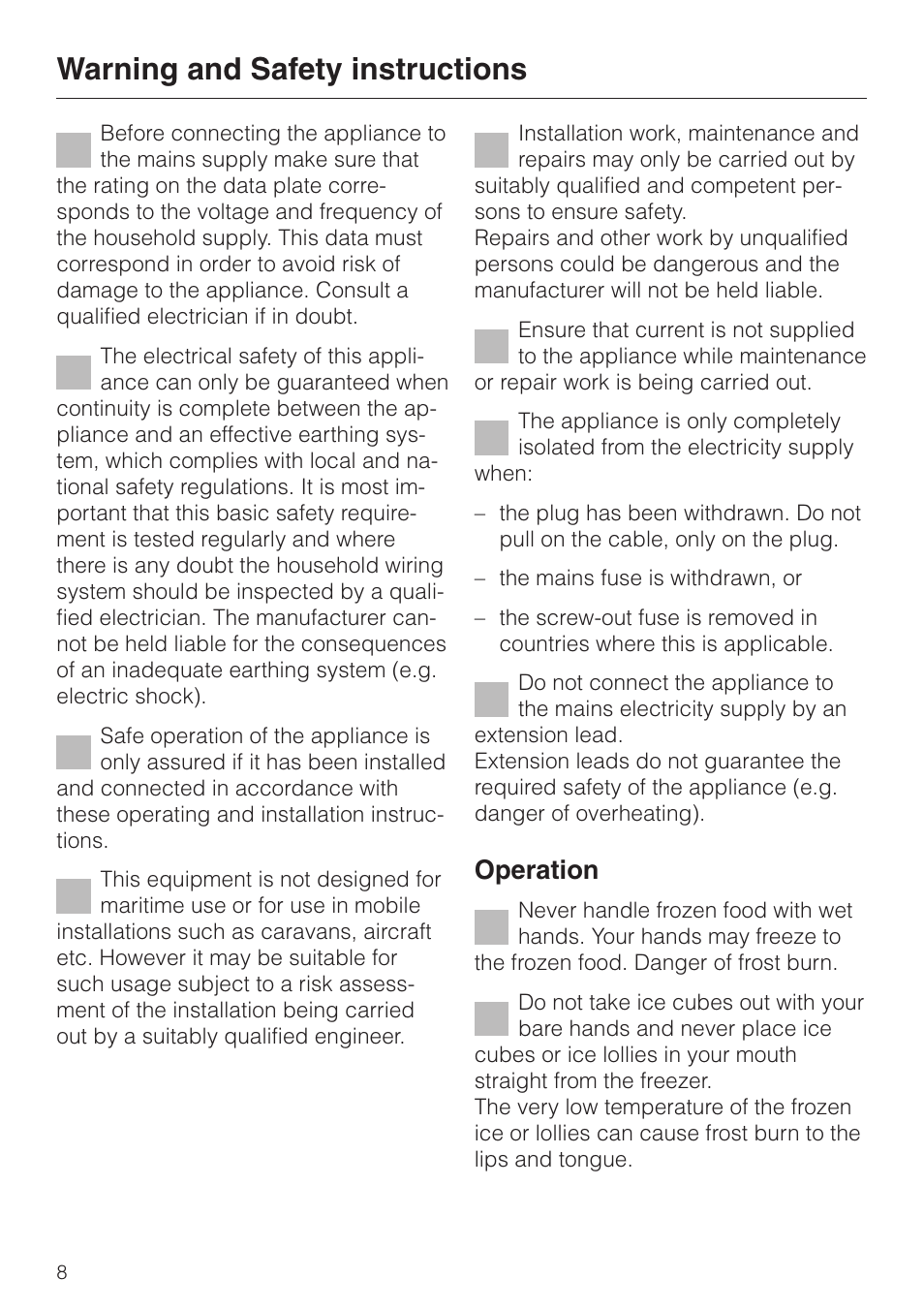 Warning and safety instructions, Operation | Miele KF 7544 User Manual | Page 8 / 44