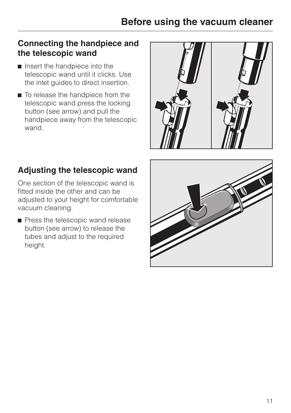 Before using the vacuum cleaner, Connecting the handpiece and the telescopic wand, Adjusting the telescopic wand | Miele S 5000 User Manual | Page 11 / 48