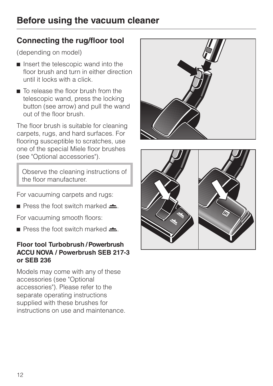 Before using the vacuum cleaner, Connecting the rug/floor tool | Miele S 5000 User Manual | Page 12 / 48