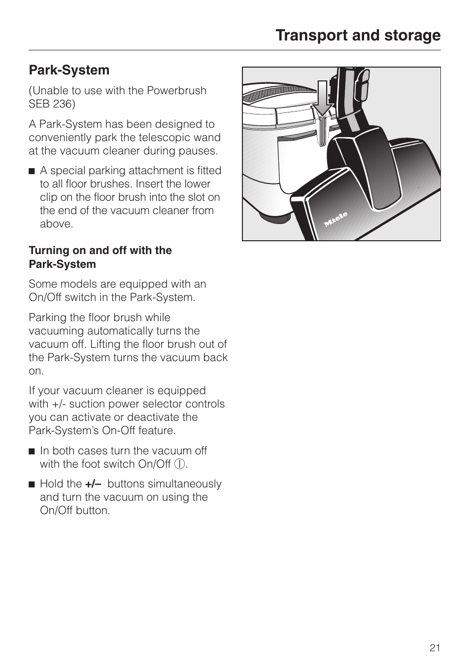 Transport and storage 21, Transport and storage, Park-system | Miele S 5000 User Manual | Page 21 / 48