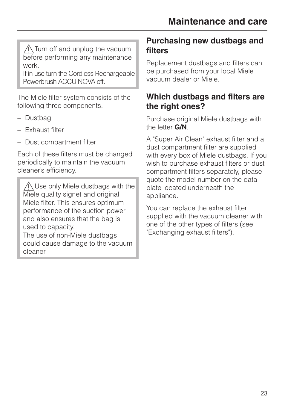 Maintenance and care 23, Purchasing new dustbags and filters 23, Which dustbags and filters are the right ones? 23 | Maintenance and care | Miele S 5000 User Manual | Page 23 / 48