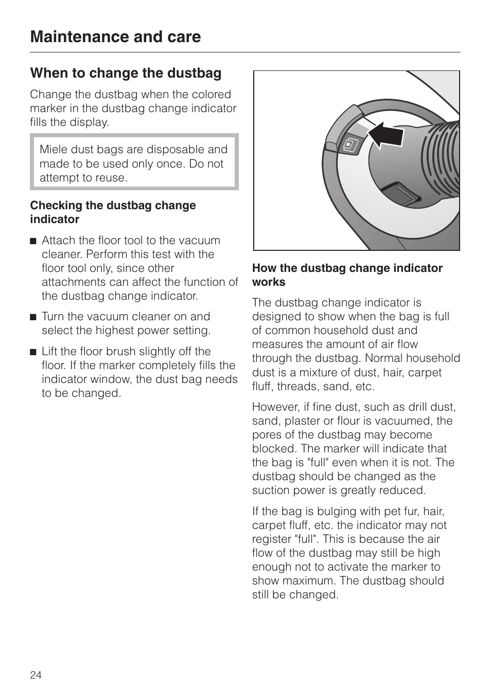 When to change the dustbag 24, Maintenance and care, When to change the dustbag | Miele S 5000 User Manual | Page 24 / 48