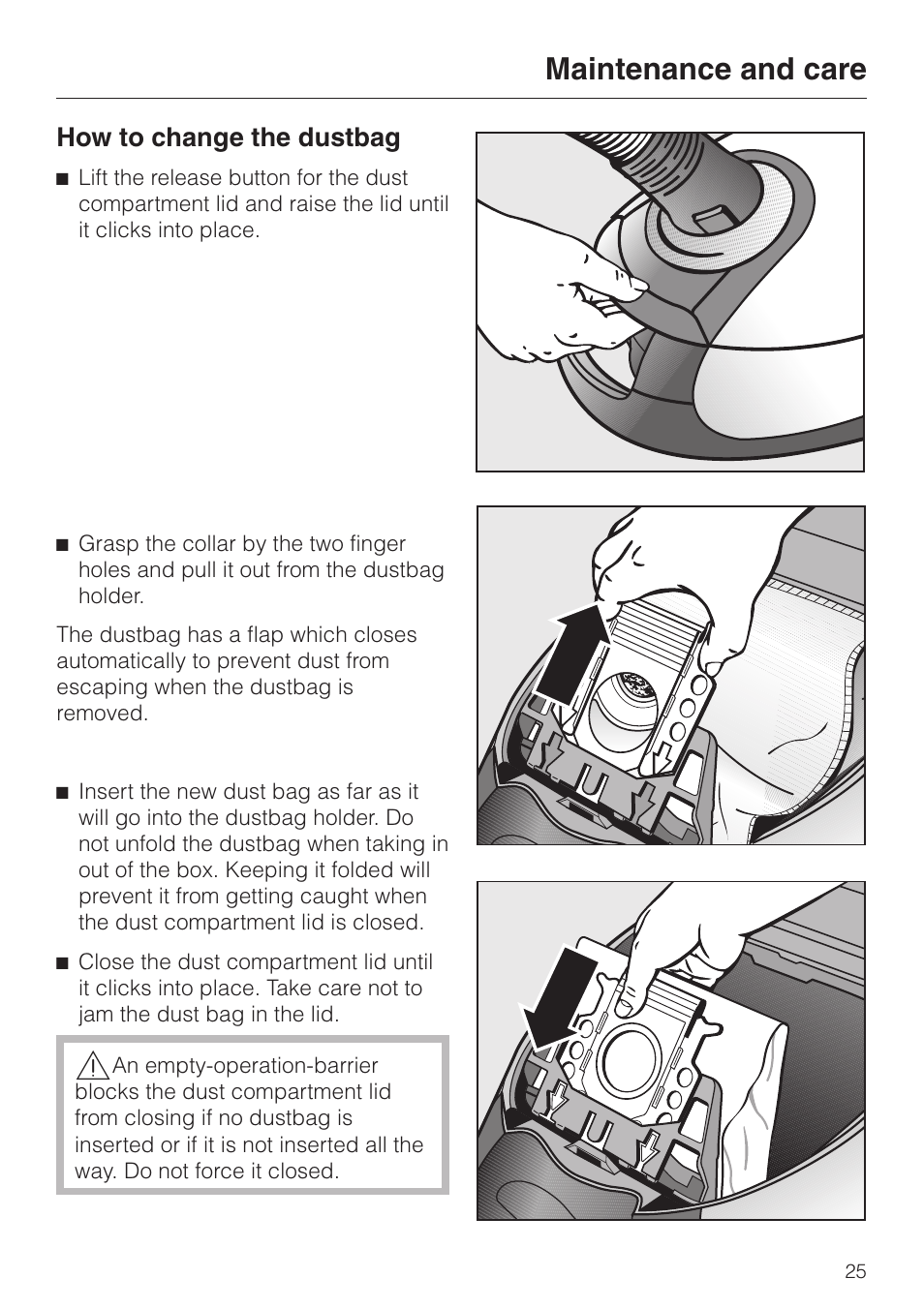 How to change the dustbag 25, Maintenance and care, How to change the dustbag | Miele S 5000 User Manual | Page 25 / 48