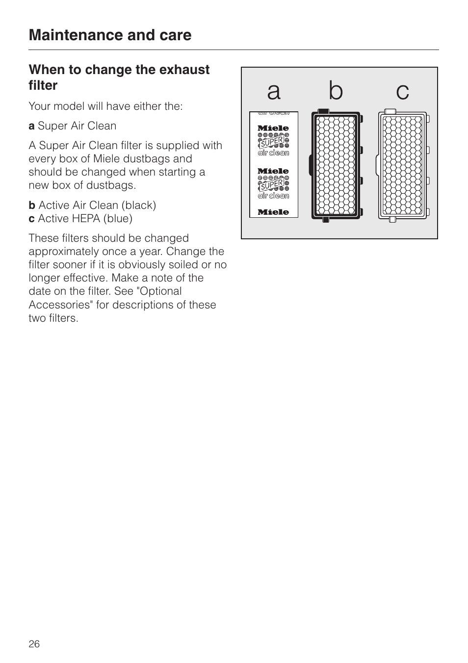 When to change the exhaust filter 26, Maintenance and care, When to change the exhaust filter | Miele S 5000 User Manual | Page 26 / 48