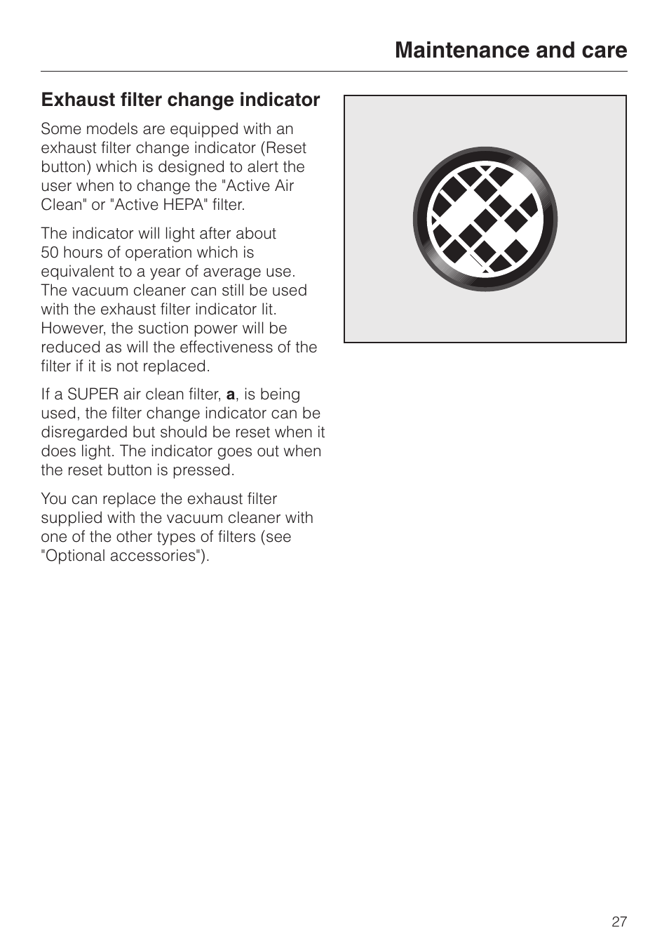 Exhaust filter change indicator 27, Maintenance and care, Exhaust filter change indicator | Miele S 5000 User Manual | Page 27 / 48