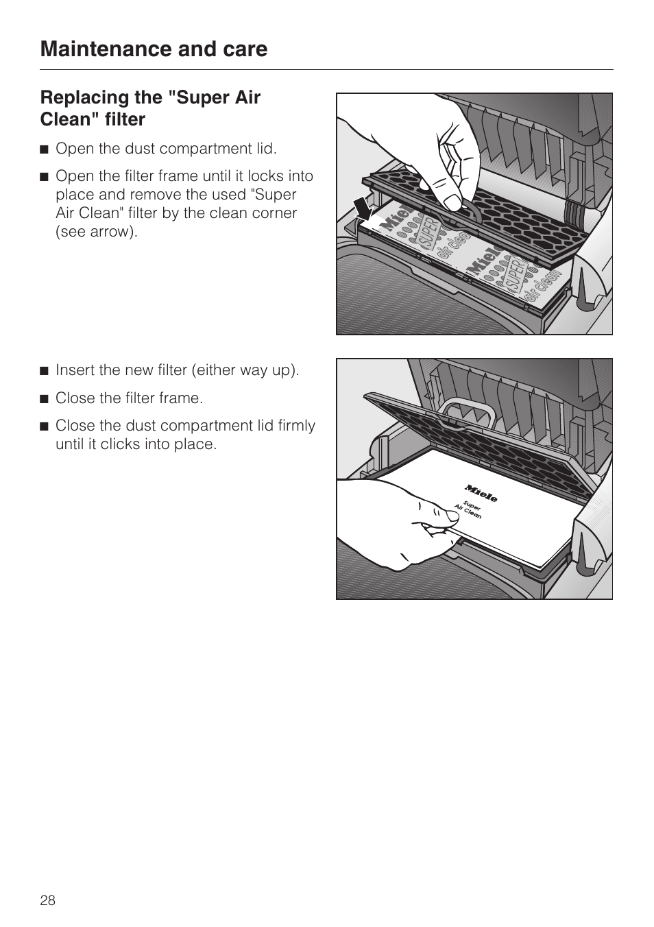 Replacing the "super air clean" filter 28, Maintenance and care, Replacing the "super air clean" filter | Miele S 5000 User Manual | Page 28 / 48