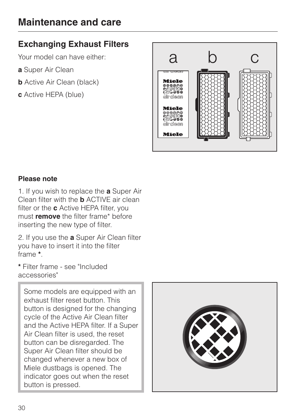 Exchanging exhaust filters 30, Maintenance and care, Exchanging exhaust filters | Miele S 5000 User Manual | Page 30 / 48