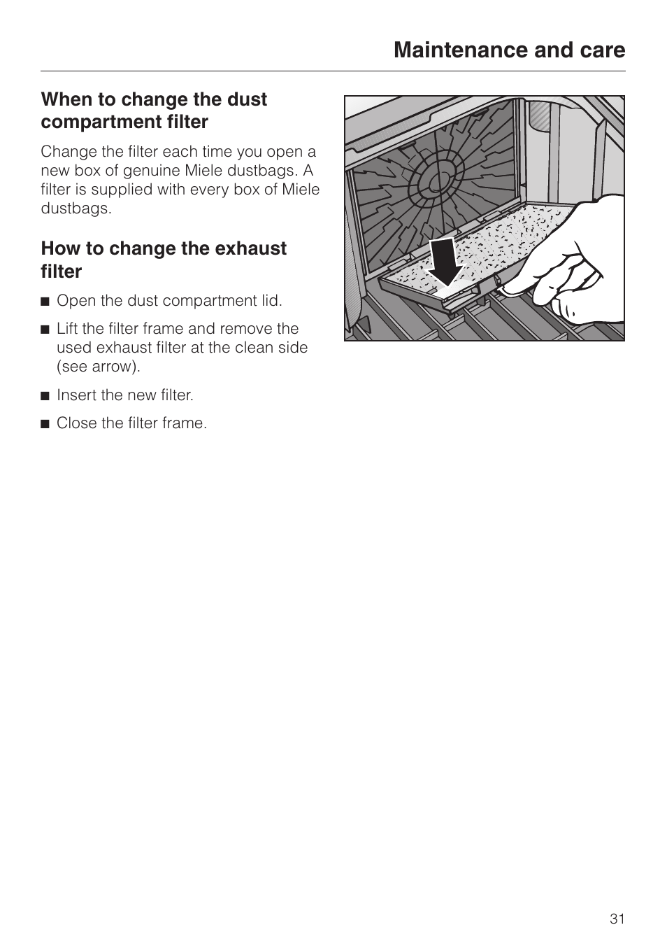 When to change the dust compartment filter 31, How to change the exhaust filter 31, Maintenance and care | Miele S 5000 User Manual | Page 31 / 48