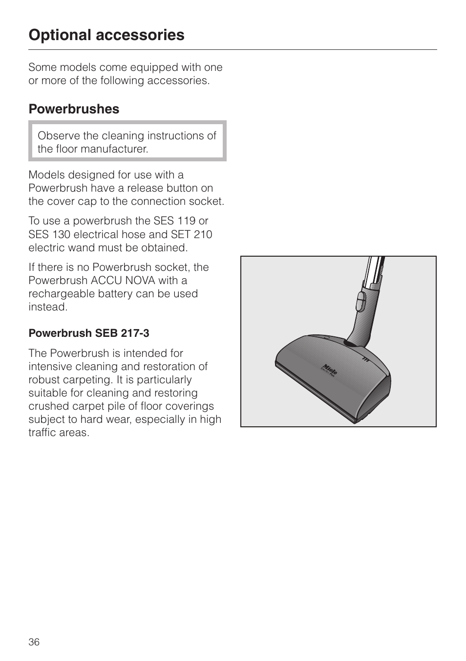 Optional accessories 36, Optional accessories, Powerbrushes | Miele S 5000 User Manual | Page 36 / 48