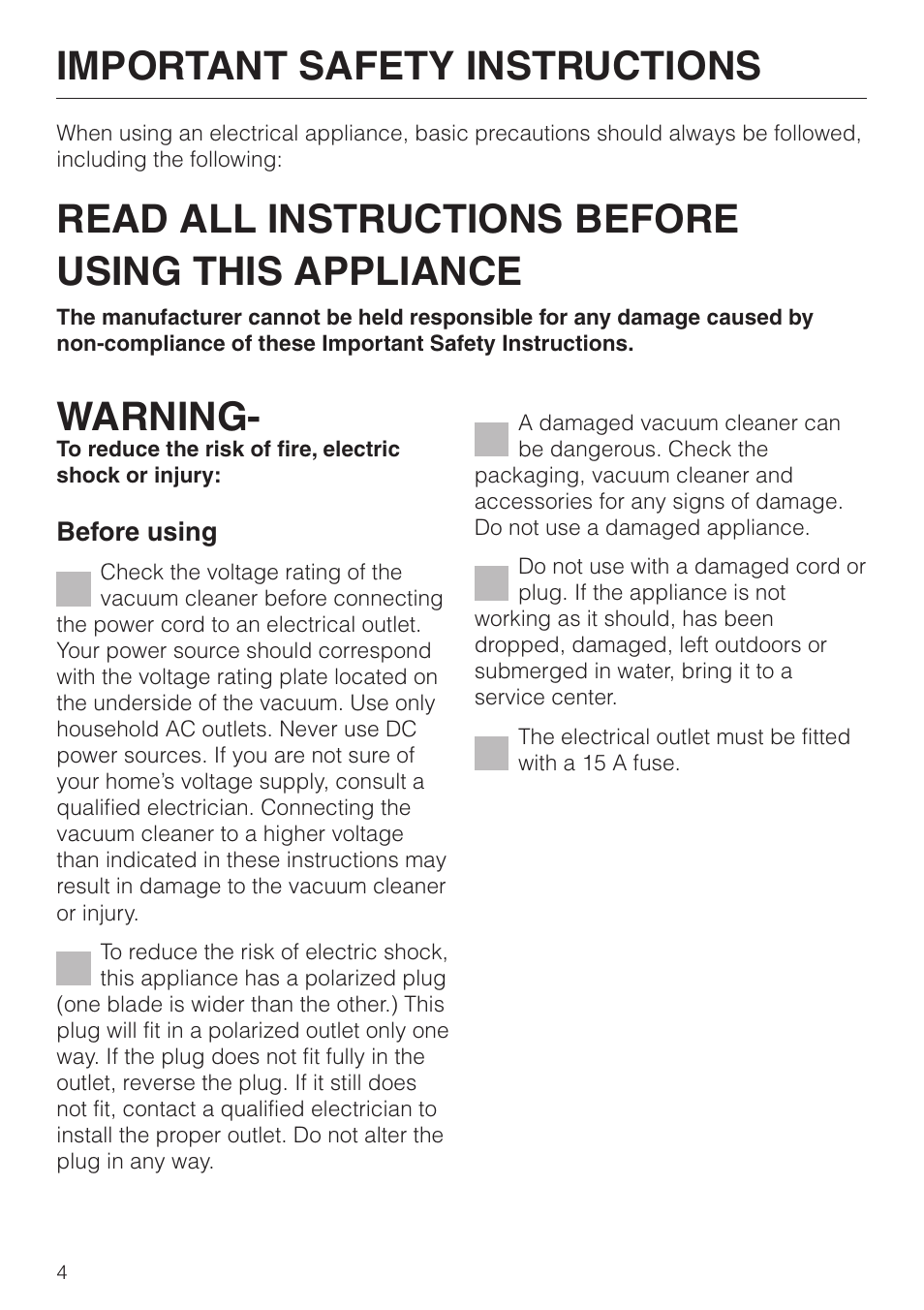 Important safety instructions 4, Read all instructions before using this appliance, Warning | Important safety instructions | Miele S 5000 User Manual | Page 4 / 48