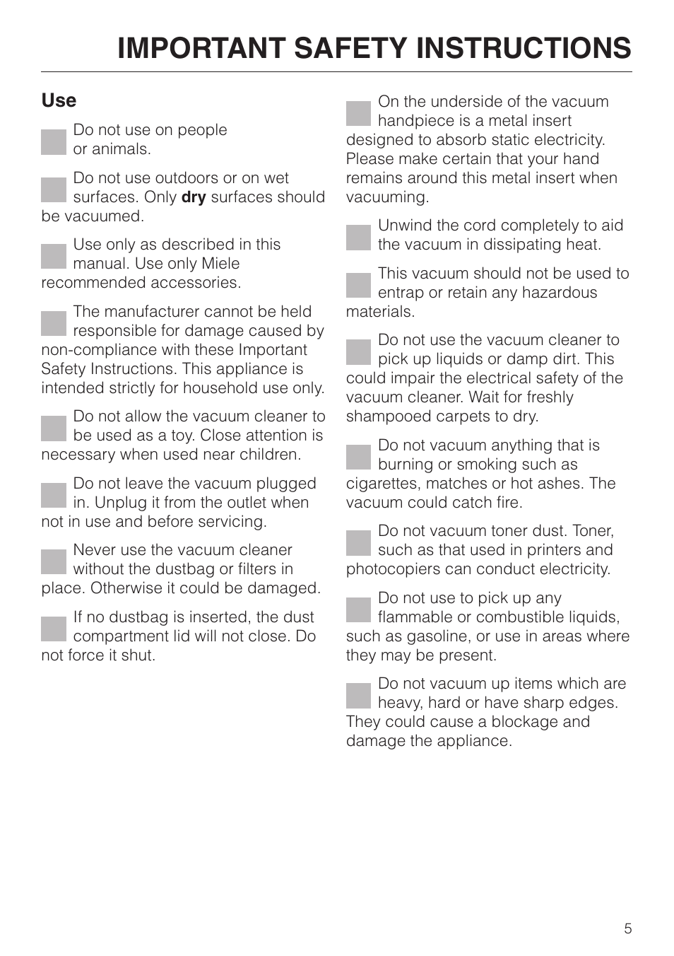 Important safety instructions | Miele S 5000 User Manual | Page 5 / 48