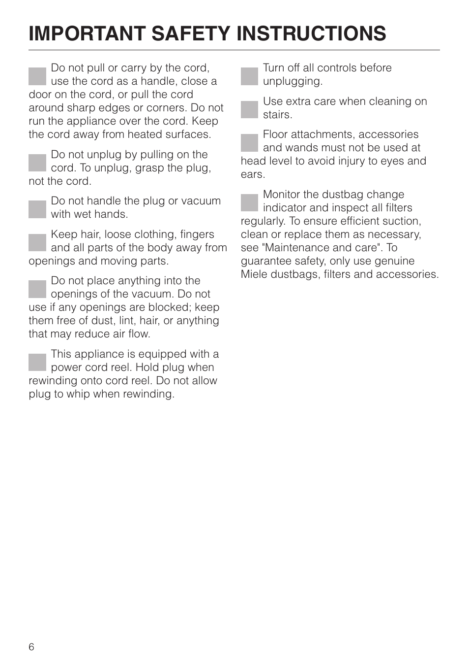 Important safety instructions | Miele S 5000 User Manual | Page 6 / 48