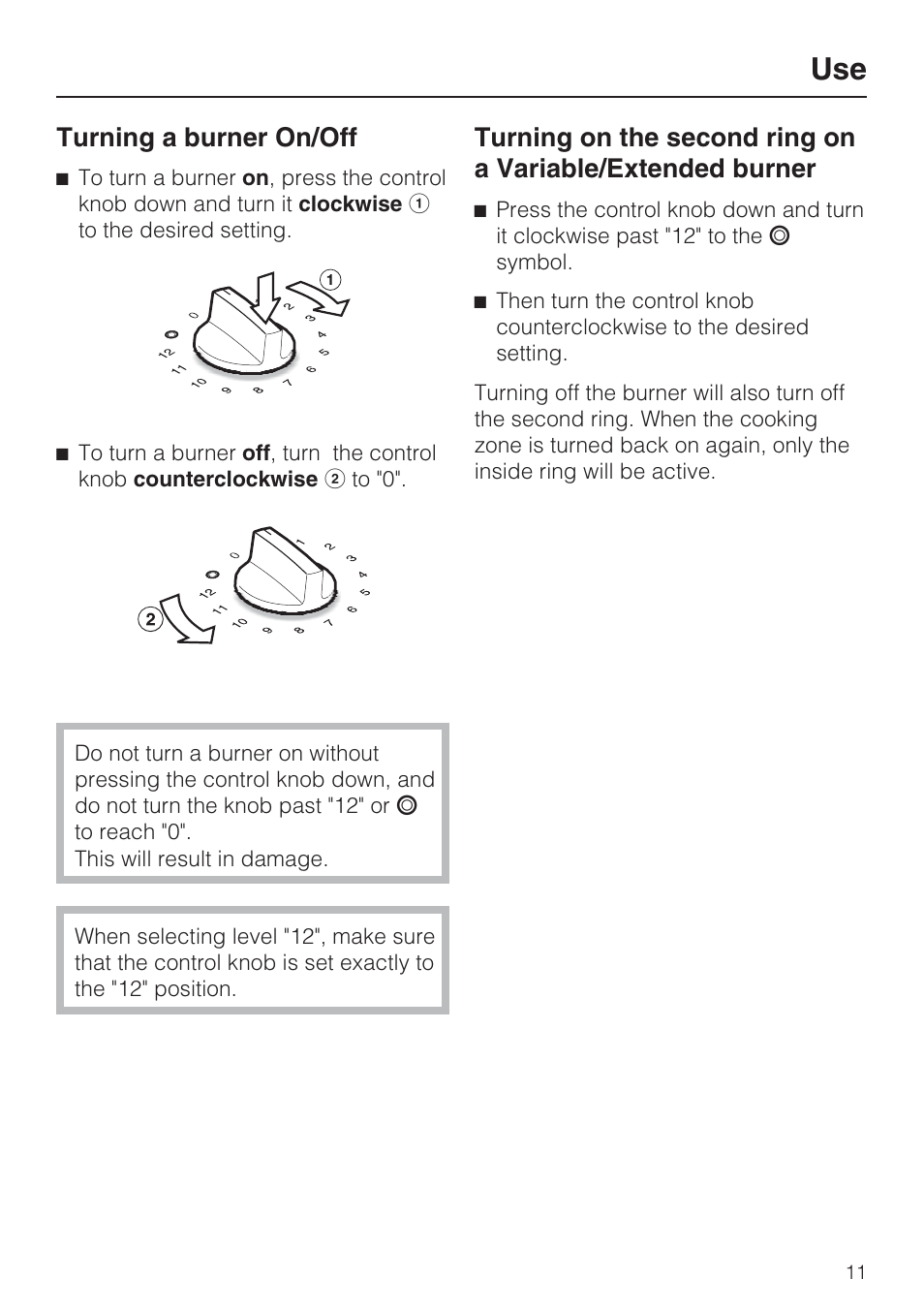 Use 11, Turning a burner on/off 11, Turning a burner on/off | Miele CS1112 User Manual | Page 11 / 40