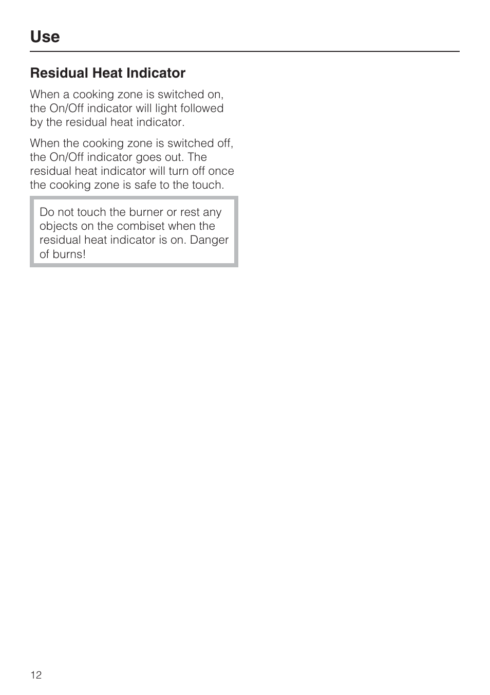 Residual heat indicator 12 | Miele CS1112 User Manual | Page 12 / 40