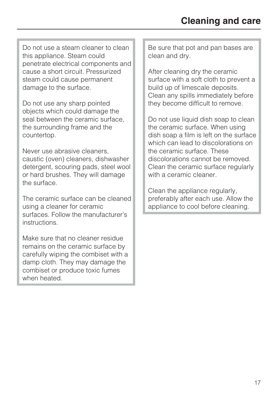 Cleaning and care 17, Cleaning and care | Miele CS1112 User Manual | Page 17 / 40