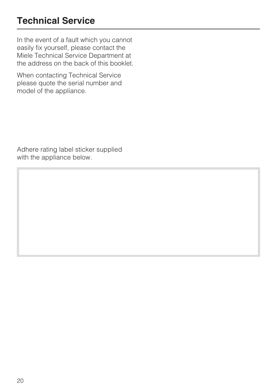Technical service 20, Technical service | Miele CS1112 User Manual | Page 20 / 40