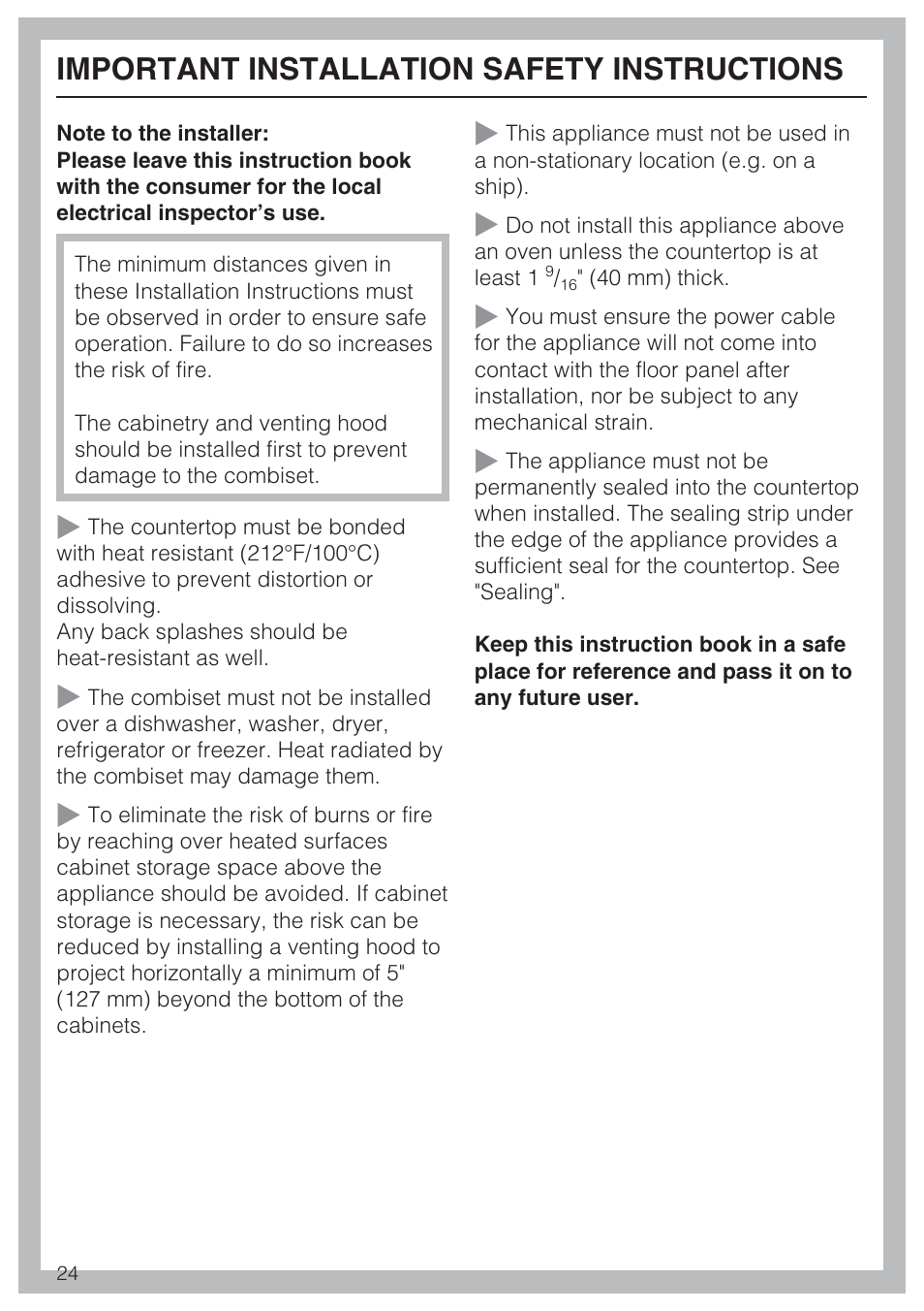 Important installation safety instructions 24, Important installation safety instructions | Miele CS1112 User Manual | Page 24 / 40