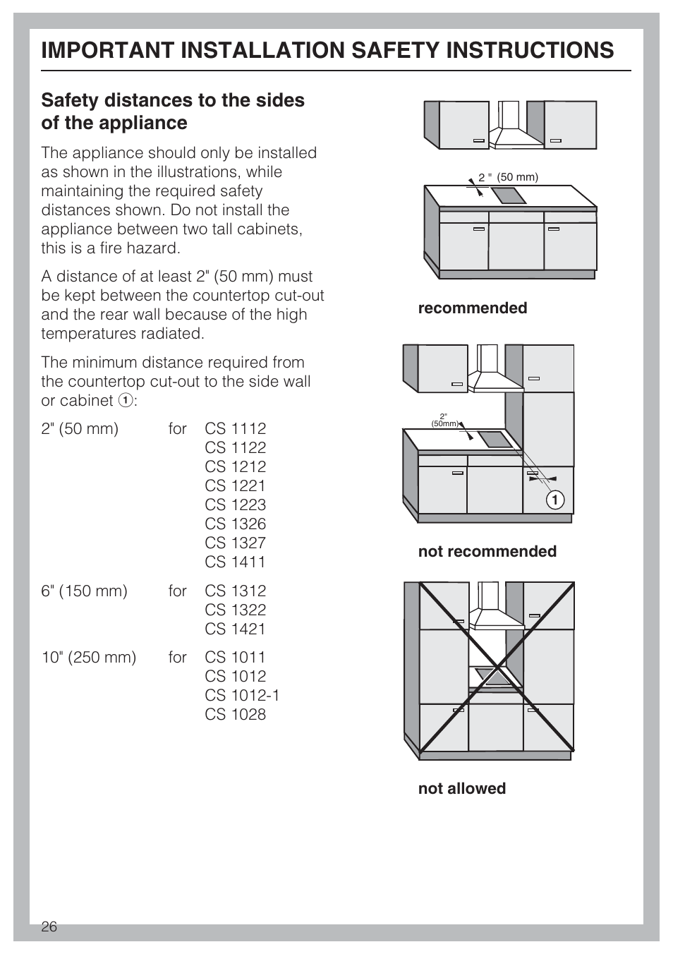 Important installation safety instructions, Safety distances to the sides of the appliance | Miele CS1112 User Manual | Page 26 / 40