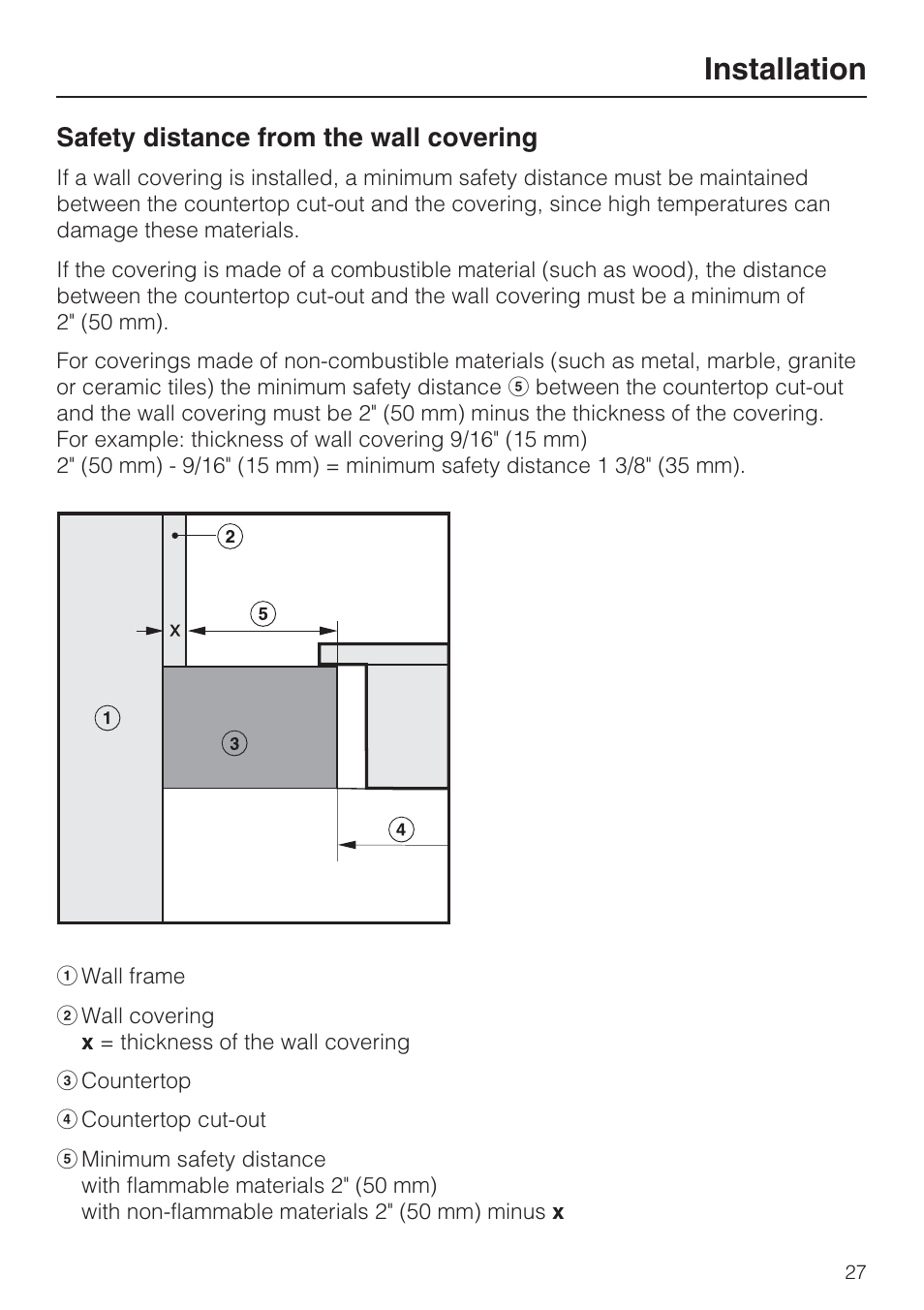Installation 27, Installation, Safety distance from the wall covering | Miele CS1112 User Manual | Page 27 / 40