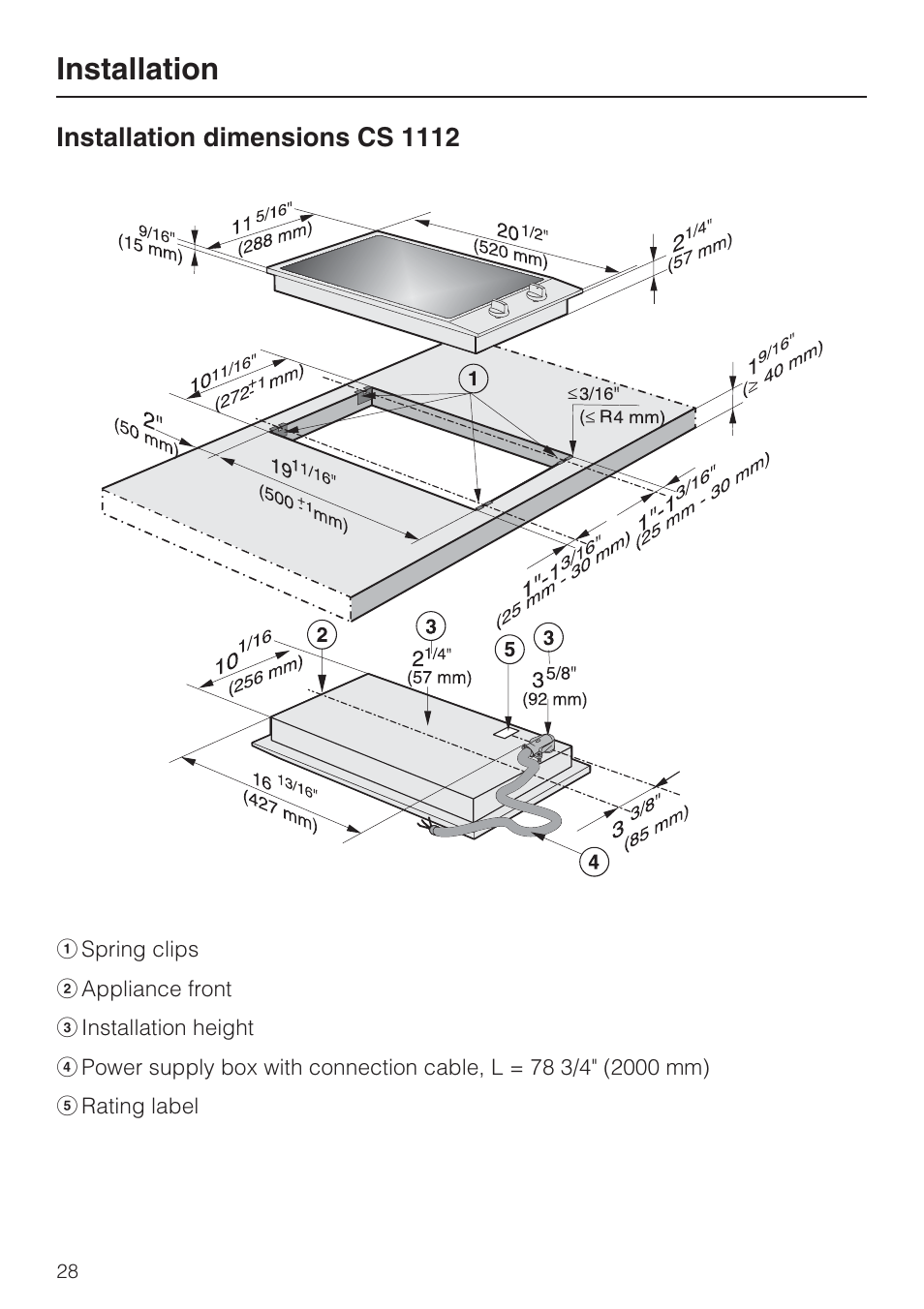 Installation dimensions cs 1112 28, Installation, Installation dimensions cs 1112 | Miele CS1112 User Manual | Page 28 / 40