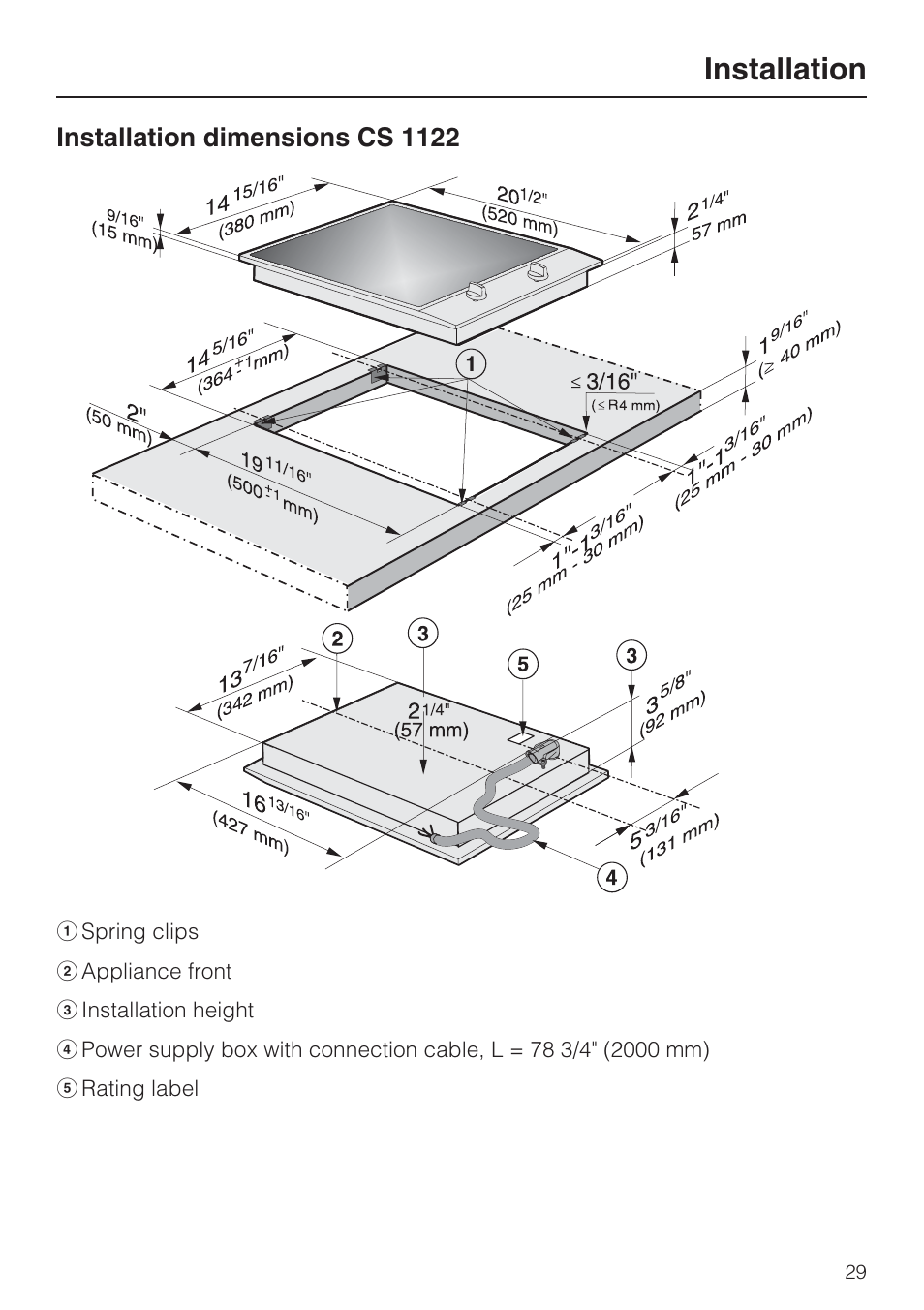 Installation dimensions cs 1122 29, Installation, Installation dimensions cs 1122 | Miele CS1112 User Manual | Page 29 / 40