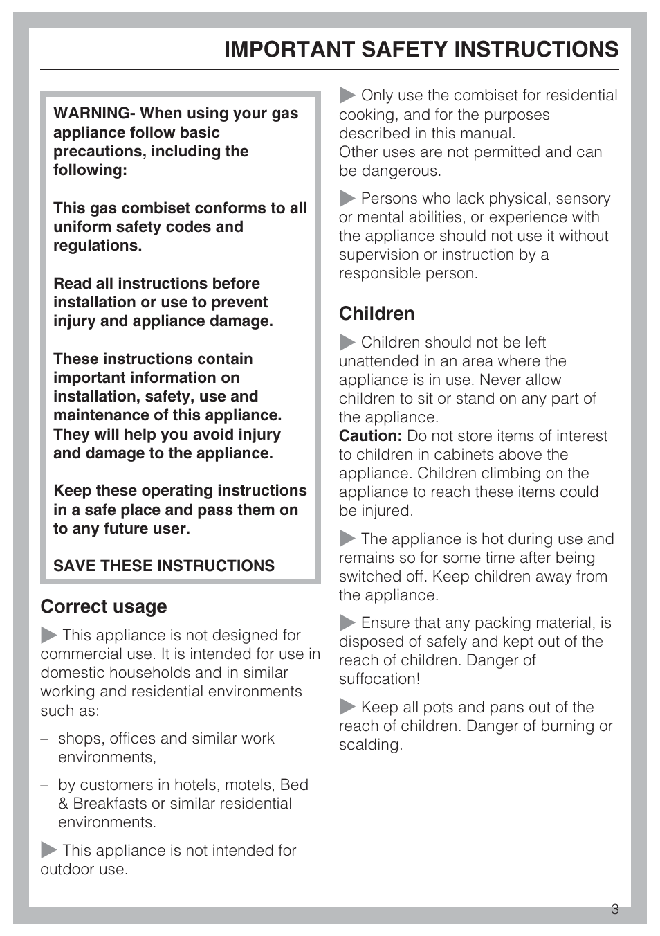 Important safety instructions 3, Important safety instructions | Miele CS1112 User Manual | Page 3 / 40